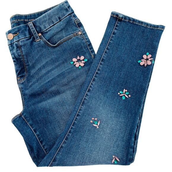 Chicos Blue Denim So Slimming Slim Leg Ankle Girlfriend Rhinestone Jeans 4P - Picture 1 of 14